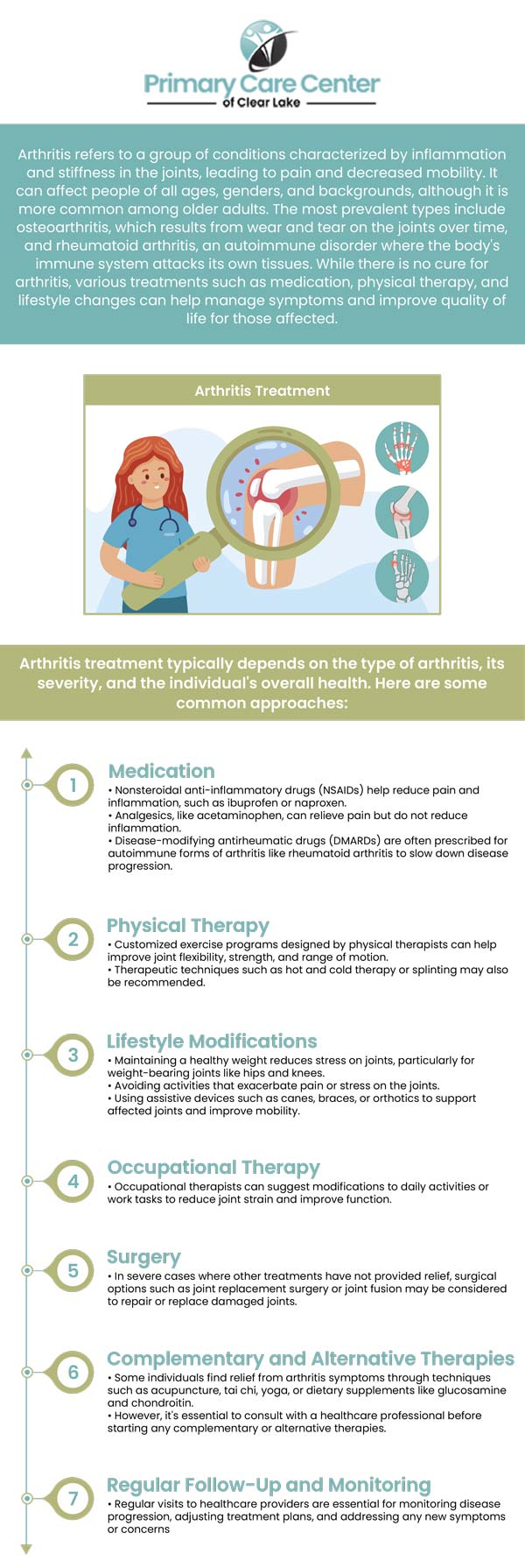 If you're struggling with arthritis, consulting with an experienced arthritis doctor is crucial for managing your condition and improving your quality of life. At Primary Care of Clear Lake, Dr. Smriti Choudhary, MD, and our dedicated team is here to provide you with personalized care tailored to your specific needs. Don’t let arthritis hold you back, contact us today or book an appointment online to take the first step towards effective relief. We have convenient locations to serve you in Webster and Pasadena, TX.