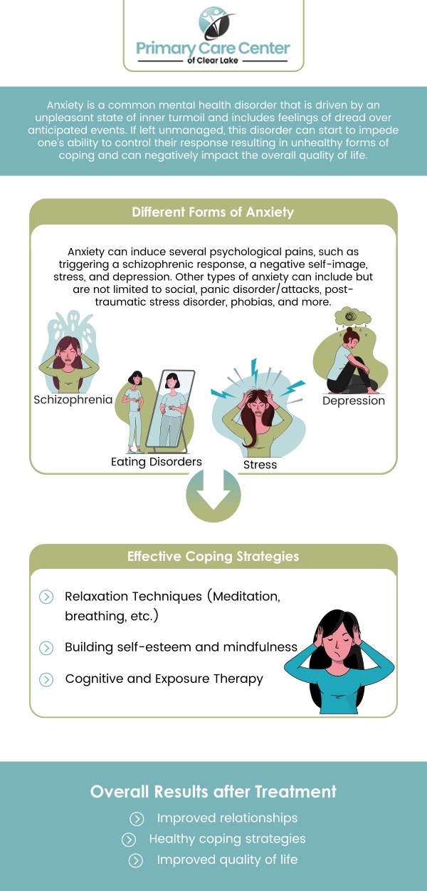At Primary Care Center of Clear Lake, Dr. Smriti Choudhary, MD offers comprehensive anxiety disorder treatment to help you manage symptoms and improve your quality of life. We provide personalized care that may include therapy, lifestyle recommendations, and medication management tailored to your needs. Our approach is focused on addressing the root causes of anxiety while offering support and strategies to help you regain control over your mental well-being. For more information, please contact us or schedule an appointment online. We have convenient locations to serve you in Webster and Pasadena, TX.