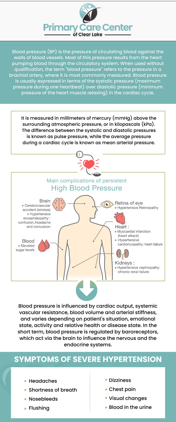 When blood flows through arteries at a pressure greater than usual, it is known as high blood pressure or hypertension. It is the biggest contributor to cardiovascular disease risk. It is widespread and, if left untreated, can become dangerous. Those who have high blood pressure might not experience any symptoms. Getting your blood pressure tested is the only way to find out. Dr. Niraj Choudhary, MD, and Dr. Smriti Choudhary, MD, are committed to helping you manage your blood pressure at Primary Care of Clear Lake. For more information, contact us or schedule an appointment online. We have convenient locations to serve you in Webster and Pasadena, TX.