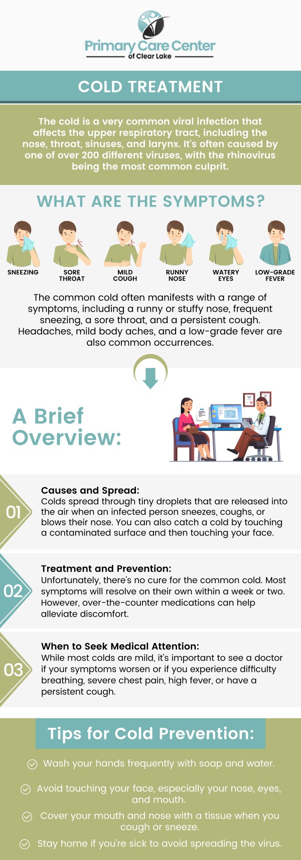 Primary Care Center of Clear Lake offers personalized care to help manage cold symptoms and promote a faster recovery. From easing congestion and runny noses to addressing coughs and sore throats, Dr. Smriti Choudhary, MD, and her compassionate team provide professional guidance and treatments tailored to your needs. Visit us today for compassionate care and relief! For more information, please contact us or schedule an appointment online. We have convenient locations to serve you in Webster and Pasadena, TX.