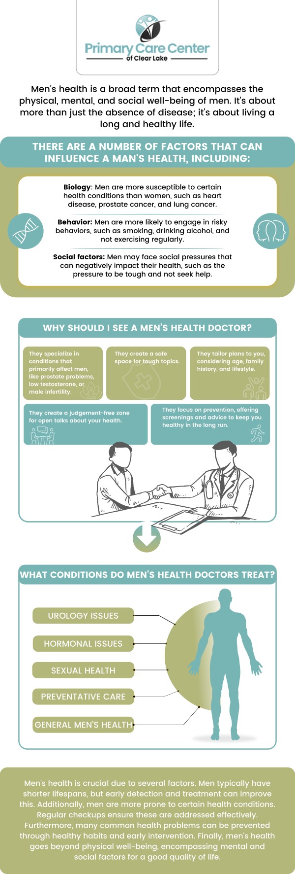 Common questions asked by patients: What is included in a men's wellness exam? What is a complete physical exam for men? What tests should a man have every year? How often should men get a check-up? For more information, contact us or book an appointment online. We have convenient locations to serve you in Webster and Pasadena, TX. We serve patients from Webster TX, Bacliff TX, Dickinson TX, Seabrook TX, League City TX, Clear Lake City TX, and surrounding areas.