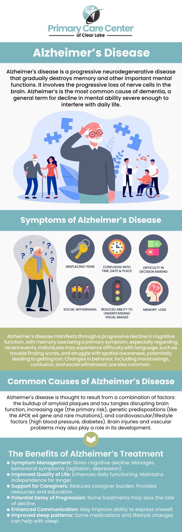 At Primary Care Center of Clear Lake, Dr. Niraj Choudhary, MD, and his experienced staff provide compassionate, personalized care for patients and families navigating Alzheimer's. With advanced diagnostics, tailored treatment plans, and ongoing support, we're here to enhance quality of life and offer expert guidance for every step. For more information, please contact us or schedule an appointment online. We have convenient locations to serve you in Webster and Pasadena, TX.