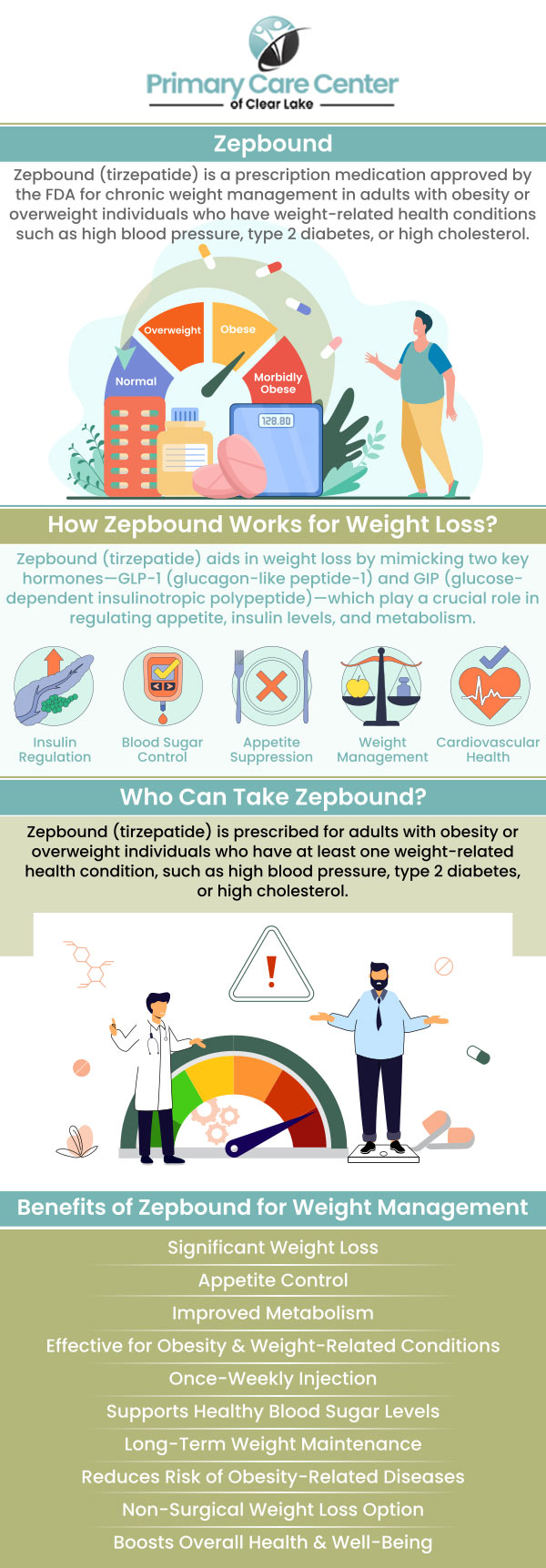 The Zepbound injection is an FDA-approved medication that can help people who are overweight or obese and suffering from obesity-related health problems lose weight and maintain it. It must be used with a low-calorie diet and exercise. Dr. Smriti Choudhary, M.D., and Dr. Niraj Choudhary, M.D. at the Primary Care Center of Clear Lake provide Zepbound injections to assist in treating obesity-related health conditions. For more information, contact us or schedule an appointment online. We have convenient locations to serve you in Webster,TX and Pasadena, TX. The Zepbound injection is an FDA-approved medication that can help people who are overweight or obese and suffering from obesity-related health problems lose weight and maintain it. It must be used with a low-calorie diet and exercise. Dr. Smriti Choudhary, M.D., and Dr. Niraj Choudhary, M.D. at the Primary Care Center of Clear Lake provide Zepbound injections to assist in treating obesity-related health conditions. For more information, contact us or schedule an appointment online. We have convenient locations to serve you in Webster,TX and Pasadena, TX.