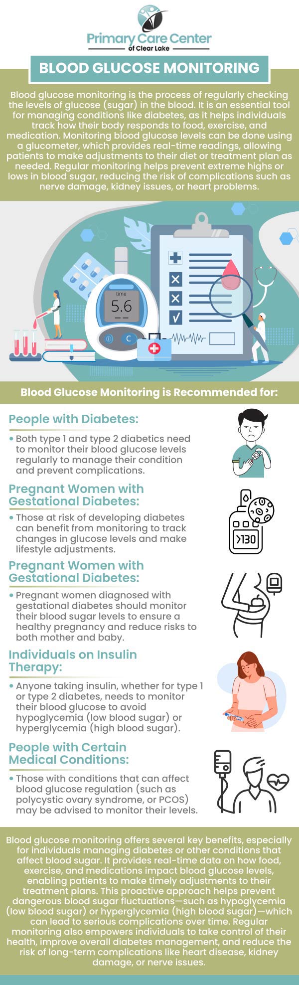 Continuous Glucose Monitoring (CGM) involves the use of a small sensor inserted under the skin to track glucose levels in real-time throughout the day and night. This technology enables individuals with diabetes to monitor their blood sugar trends more closely, helping to manage their condition more effectively and potentially avoid dangerous fluctuations. Visit Dr. Smriti Choudhary, M.D., and Dr. Niraj Choudhary, M.D., at Primary Care of Clear Lake to learn more about Continuous Glucose Monitoring. For more information, please contact us or schedule an appointment online. We have convenient locations to serve you in Webster and Pasadena, TX. Continuous Glucose Monitoring (CGM) involves the use of a small sensor inserted under the skin to track glucose levels in real-time throughout the day and night. This technology enables individuals with diabetes to monitor their blood sugar trends more closely, helping to manage their condition more effectively and potentially avoid dangerous fluctuations. Visit Dr. Smriti Choudhary, M.D., and Dr. Niraj Choudhary, M.D., at Primary Care of Clear Lake to learn more about Continuous Glucose Monitoring. For more information, please contact us or schedule an appointment online. We have convenient locations to serve you in Webster and Pasadena, TX.