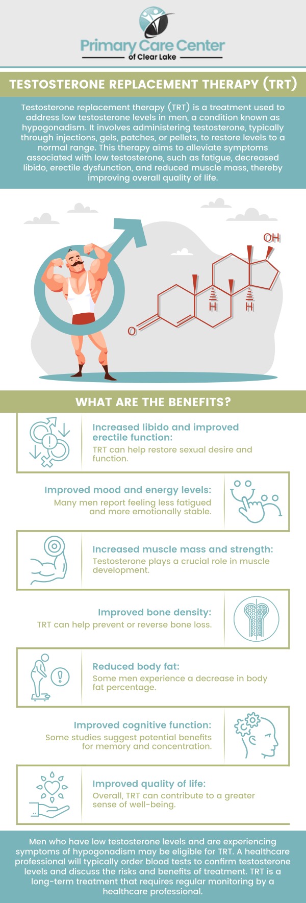 Common questions asked by patients: What are the common symptoms that indicate a need for testosterone replacement therapy? How does testosterone replacement therapy improve energy and mood in men? What are the potential risks and side effects of testosterone replacement therapy? How is testosterone replacement therapy administered, and how often should it be done? For more information, please contact us or schedule an appointment online. We have convenient locations to serve you in Webster and Pasadena, TX. We serve patients from Webster TX, Pasadena TX, South Houston TX, Brookwood TX, Seabrook TX, Bacliff TX, Dickinson TX, and surrounding areas. Common questions asked by patients: What are the common symptoms that indicate a need for testosterone replacement therapy? How does testosterone replacement therapy improve energy and mood in men? What are the potential risks and side effects of testosterone replacement therapy? How is testosterone replacement therapy administered, and how often should it be done? For more information, please contact us or schedule an appointment online. We have convenient locations to serve you in Webster and Pasadena, TX. We serve patients from Webster TX, Pasadena TX, South Houston TX, Brookwood TX, Seabrook TX, Bacliff TX, Dickinson TX, and surrounding areas.